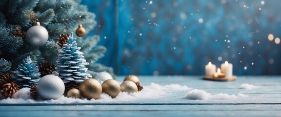 Creative christmas background Christmas tree made of snow with handmade natural decorations on a blue wooden board flat lay.
