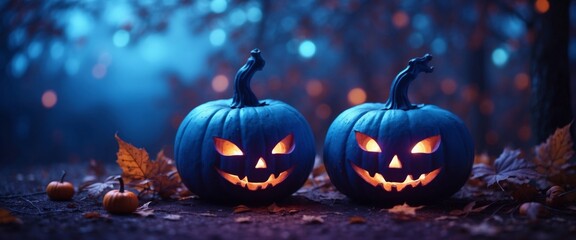 Festive background decoration for Halloween in trendy blue purple tones Two glowing pumpkins and bat on background of evening mystical forest, ultra wide format.