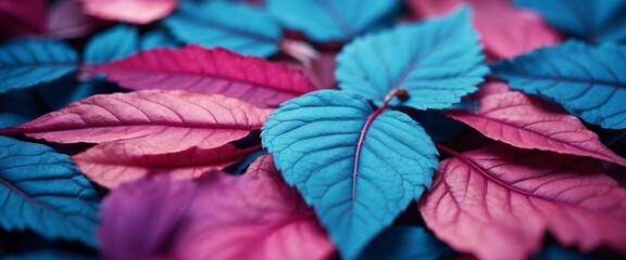 Creative layout made of blue nature leaves Flat lay Leaves texture background, blue and pink purple tone.