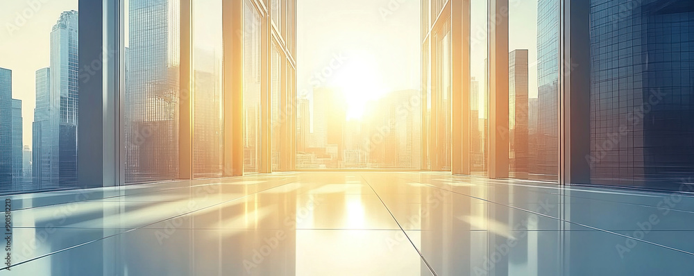Poster a city street with a large building in the background. the sun is shining through the windows of the