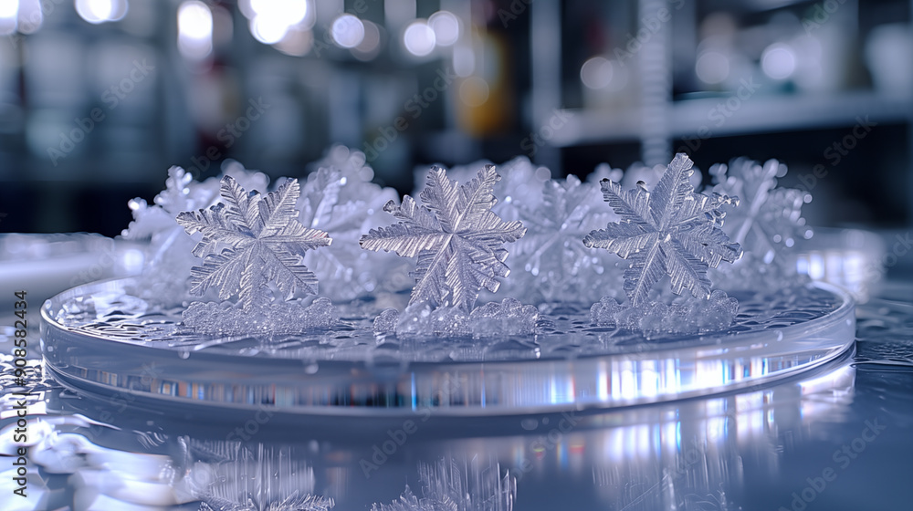 Wall mural intricate snowflake crystals on reflective surface in laboratory setting. concept of winter, science