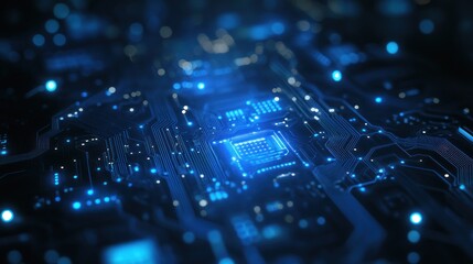 Circuit Board with Glowing Blue Lines and a Central Processor