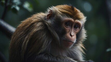 Obraz premium A monkey hiding behind a tree trunk, engaged in a game of hide and seek