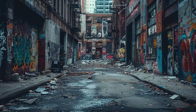A grunge urban alleyway with graffiticovered walls, broken windows, and dim lighting, Photography, High contrast, Gritty texture