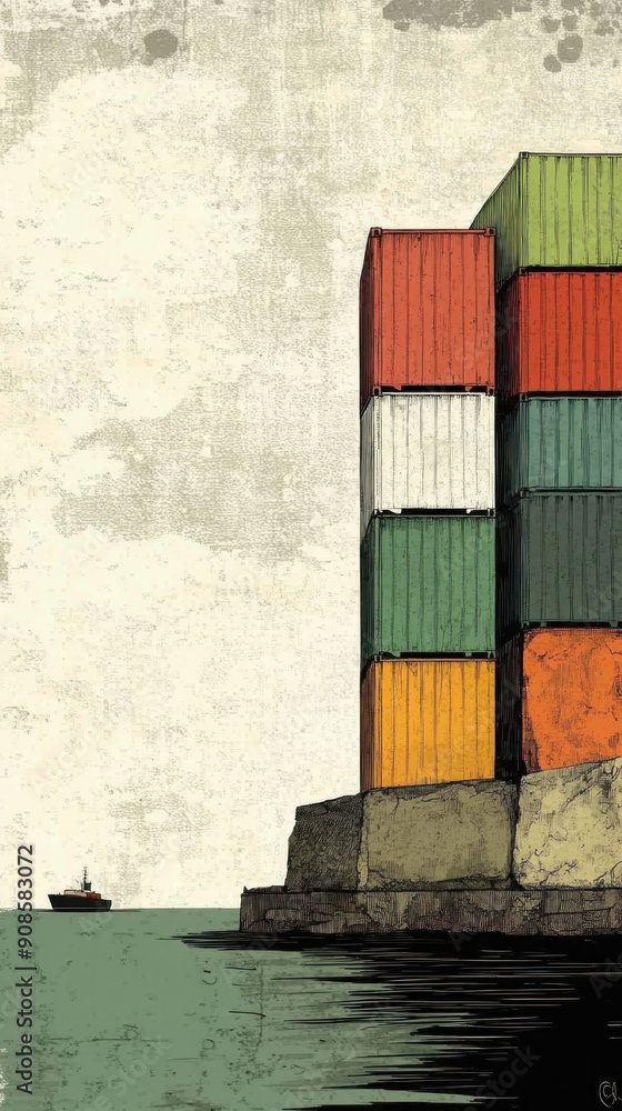 Poster a large stack of containers is shown against a backdrop of a boat and water. concept of isolation an