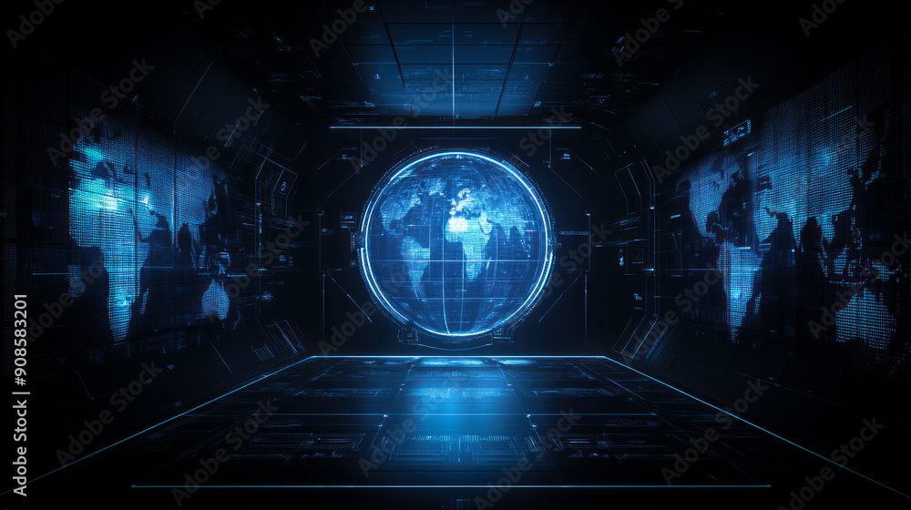 Poster a computer generated image of a blue globe with a blue background. the image has a futuristic and te