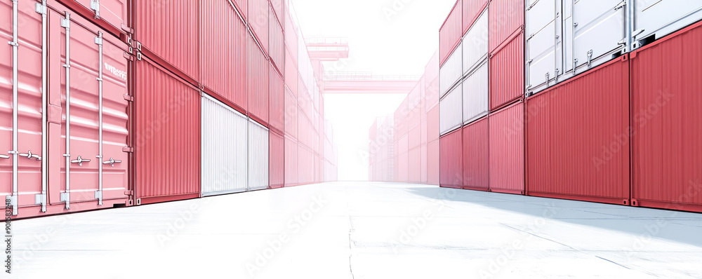 Poster a large empty warehouse with red and white containers