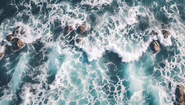 aerial shot of foamy ocean waves crashing on rocks