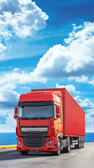 A red semi truck is driving down a road with a blue sky in the background. Scene is calm and peaceful, as the truck is moving slowly and there is no indication of any traffic or rush