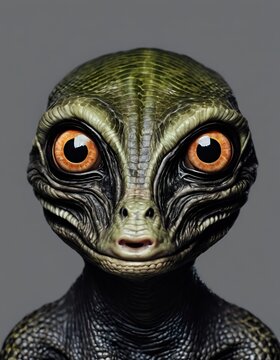 reptilian-looking green alien with big yellow round eyes, against grey background