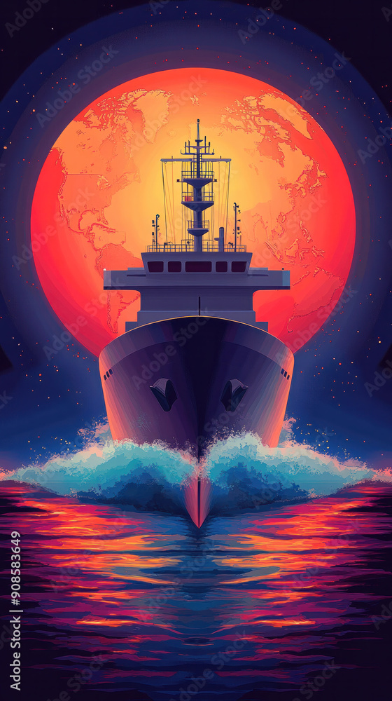 Poster a large ship is sailing through the ocean with a large red moon in the background. the scene is set 