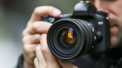 Young Man with Digital Camera, Taking a Picture - Professional Photographer at Work, Equipment in Hand, Journalism or Hobbyist Photography Photo