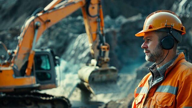 Industrial worker of sand quarry use radio walkie talkie background yellow mining excavator working. Concept open pit mine industry