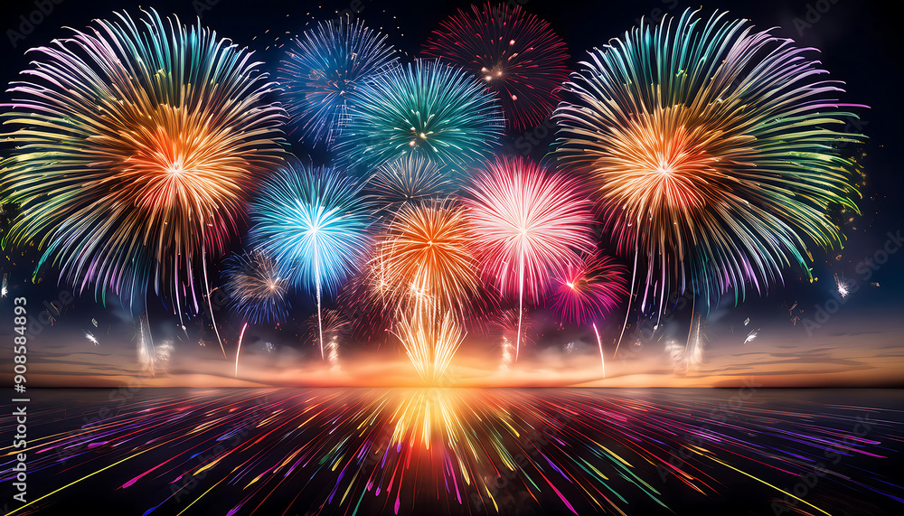Poster colorful fireworks with wide dark copy space- a vibrant display of colorful fireworks with _1(203)