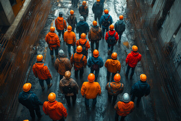 Group of construction worker with hard hat, Walking worker when finish work, Top view miner on way to work.