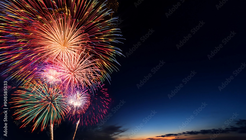 Poster colorful fireworks with wide dark copy space- a vibrant display of colorful fireworks with _1(204)