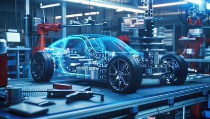 Fototapeta premium Car Assembly Line with Digital Blueprint Overlay