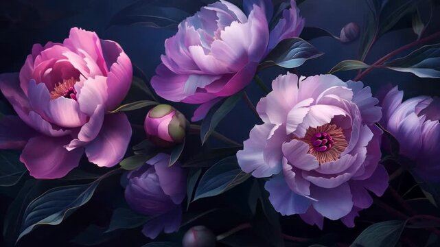 Animated peonies blooming in a serene, dark background.