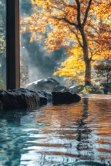 Minimalist hot spring bath water surface with autumn leaf branches background.