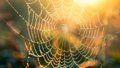 A macro shot of a dewcovered spider web with sparkling droplets in the early morning light, Photography, High detail, Delicate texture