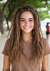 Obraz premium Smiling young woman with long curly hair
