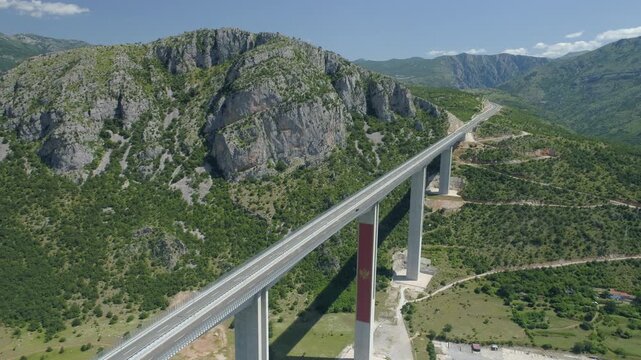 Aerial view of new concrete bridge over the Moraca river canyon in Montenegro