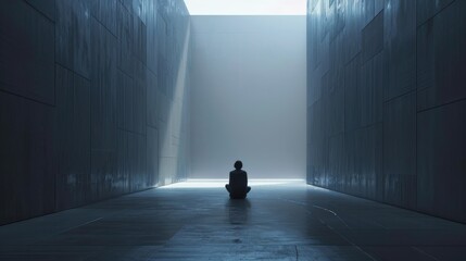 Obraz premium A person is sitting in a dark room with a wall in the background