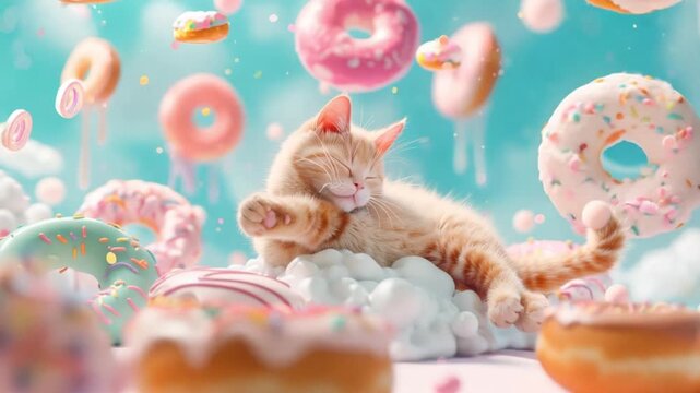 Playful cat surrounded by floating colorful donuts on pastel background.