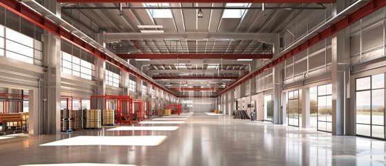 Obraz premium A large, empty warehouse with a red roof