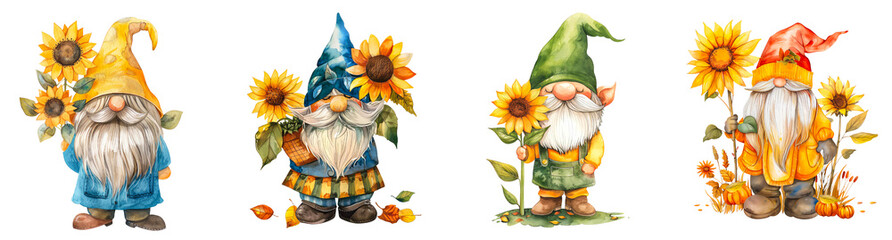 Set of lovely Gnome with sunflower garden clipart isolated on transparent background