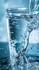 A glass of water is being poured into it, creating a splash