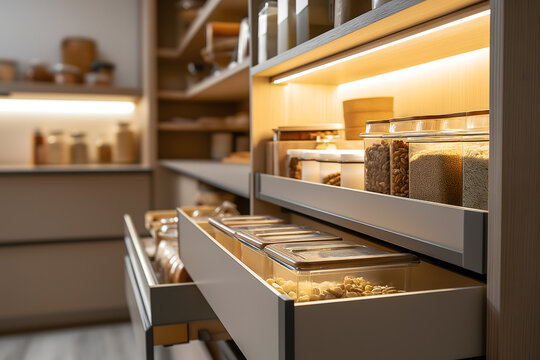 A sleek and modern kitchen pantry showcases neatly organized shelves with various food items and kitchen essentials, highlighting home organization and storage solutions