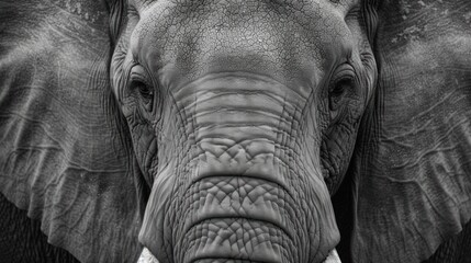 Front view of a wild elephant's head with wide ears and large tusks.