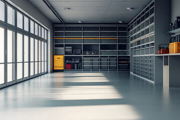 An empty, spacious garage with a clean floor and organized storage racks along the walls, suggesting ample space for vehicles or storage needs