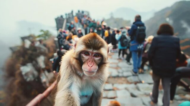 Monkey taking selfie, travel fun creative concept.