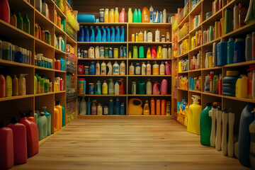 A brightly lit store aisle lined with colorful household products, showcasing an array of options and consumer choices in a supermarket setting