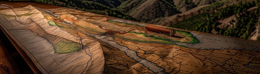 Fototapeta premium Detailed topographical map showcasing mountainous terrain and waterways in a natural environment.