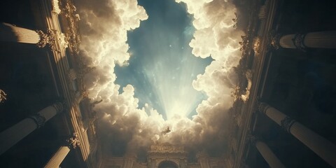 Baroque Splendor: Celestial Ceiling Fresco with Azure Sky and Divine Figures. Opulent Architectural Masterpiece in Luxurious Interior Design. Cultural Heritage and Artistic Magnificence in Ornate Deco