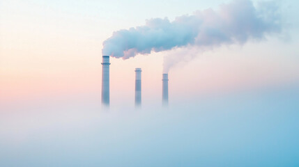 Industrial landscape with tall smokestacks emitting thick smoke, enveloped in heavy fog. This image highlights the severe impact of industrial pollution on the environment, emphasi