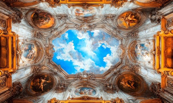 Baroque Splendor: Celestial Ceiling Fresco with Azure Sky and Divine Figures. Opulent Architectural Masterpiece in Luxurious Interior Design. Cultural Heritage and Artistic Magnificence in Ornate Deco