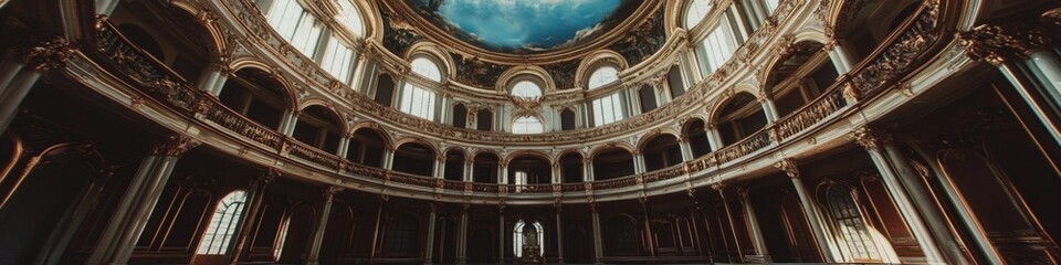 Obraz premium Baroque Splendor: Celestial Ceiling Fresco with Azure Sky and Divine Figures. Opulent Architectural Masterpiece in Luxurious Interior Design. Cultural Heritage and Artistic Magnificence in Ornate Deco