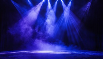 An empty stage is dramatically lit with vibrant blue and purple spotlights, casting a hazy glow