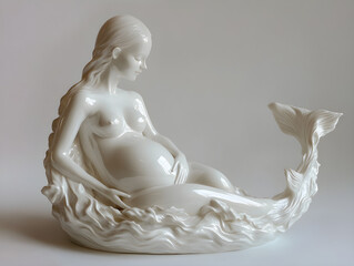 Stunning Porcelain Mermaid Sculpture Depicting Motherhood and Femininity with Graceful Pose, Flowing Hair, Rounded Body, and Delicate Tail Curving Around Waves in Serene Contemplation Perfect