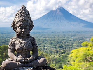 Fototapeta premium Serene Stone Statue of Meditative Deity Surrounded by Lush Greenery and Majestic Volcano in Background, Showcase of Detailed Craftsmanship, Tranquility and Nature' Power in Stunning Landscape