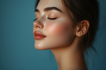 A close up of a girl's face with her eyes closed