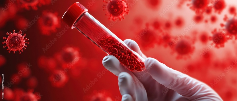 Poster laboratory analysis of blood sample with virus particles. generative ai