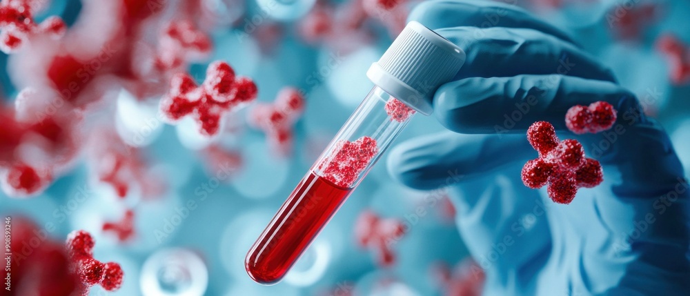 Poster laboratory analysis of blood sample with virus particles. generative ai