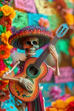 vertical slow motion video of Festive skeleton dressed in a sombrero and traditional Mexican attire, playing a colorful guitar