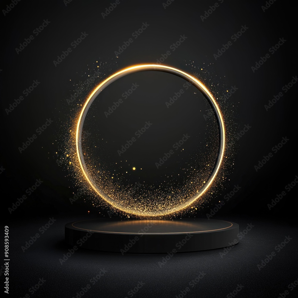 Poster elegant dark podium with glowing circle and sparkles. generative ai.