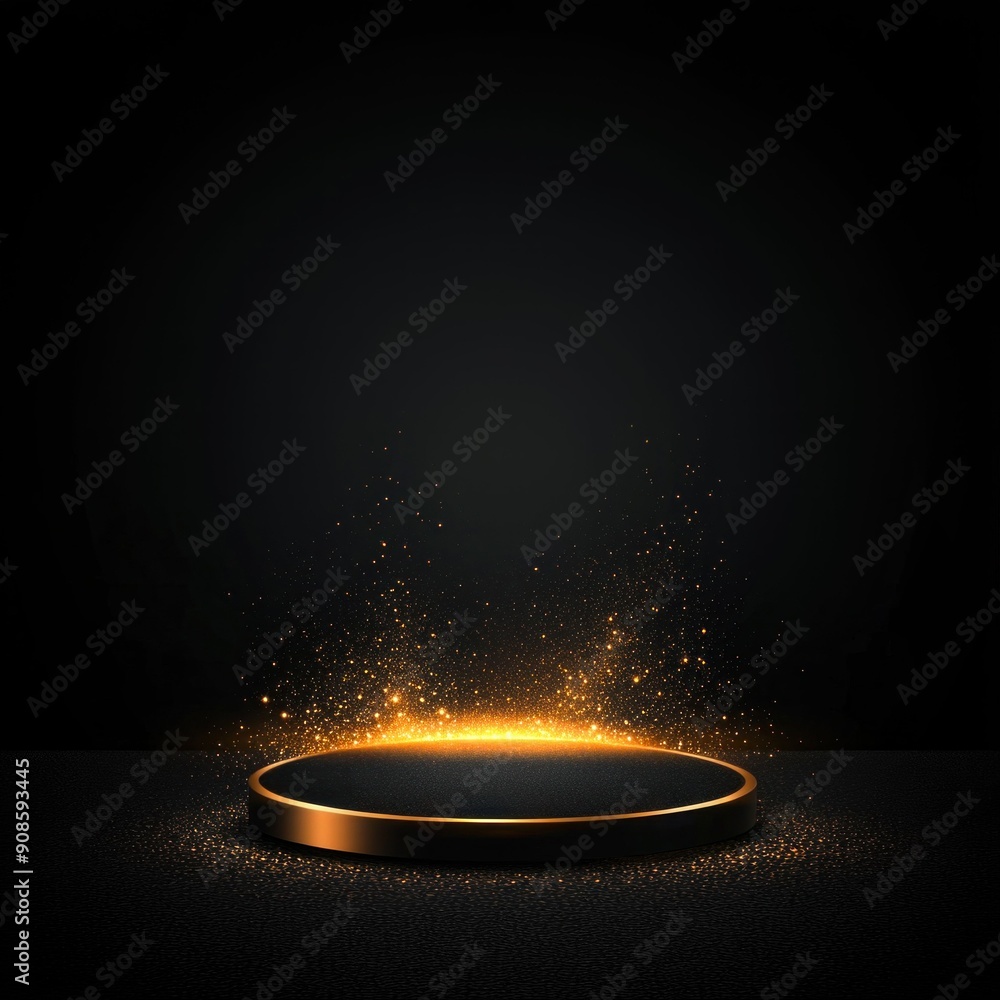 Poster dark podium with glowing edge and sparkles. generative ai.